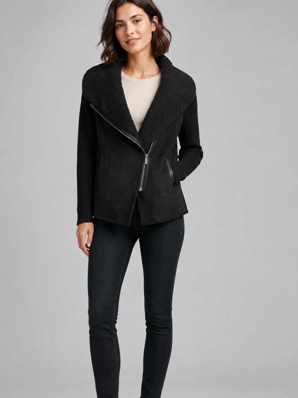 Style & Co. Black Open-Front Sherpa Collar Cardigan petite Large